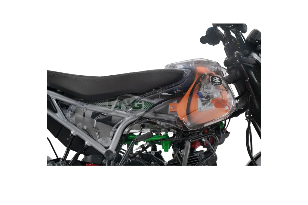 Bajaj CNG bike with dual-fuel tank and trellis frame